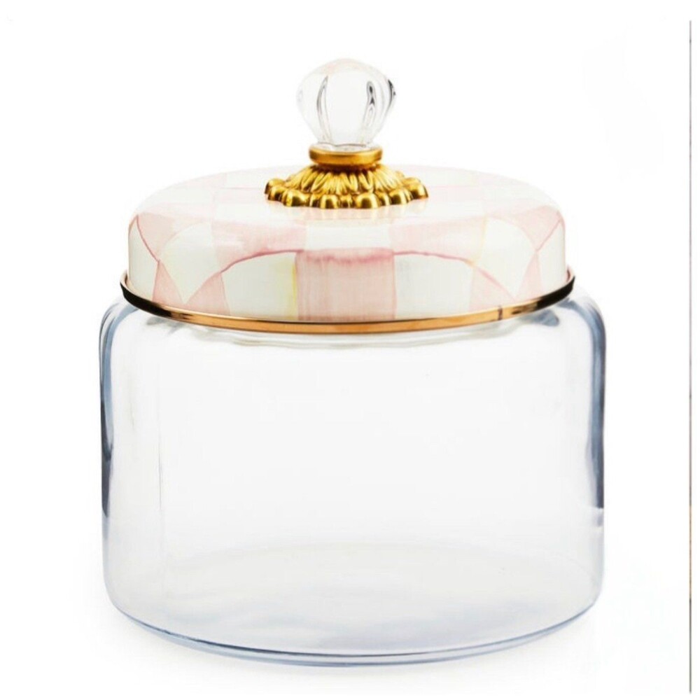 Mackenzie Childs Medium Rosy Check Pink and White Glass  Canister New